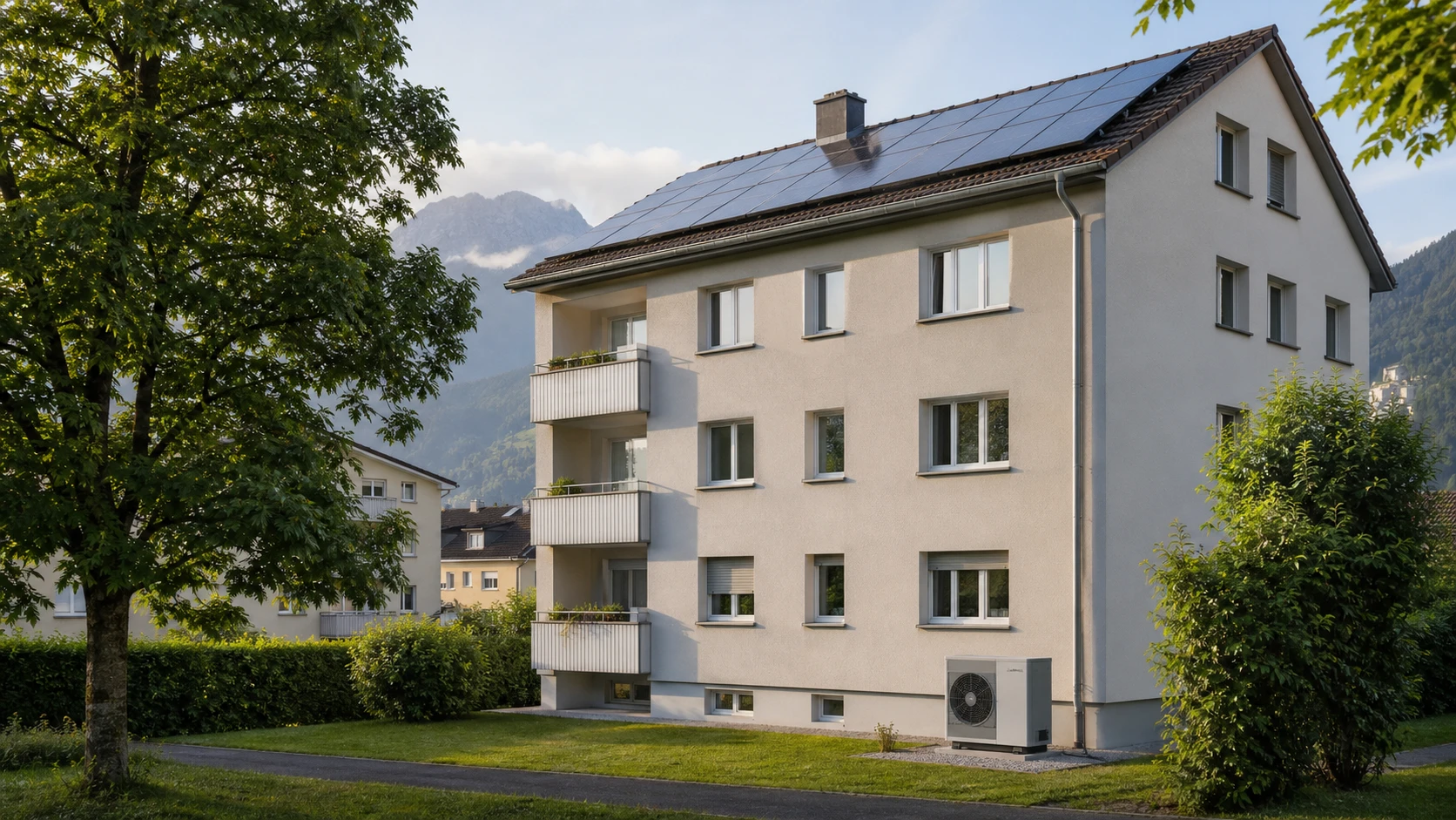 Immeuble résidentiel suisse rénové avec panneaux solaires et pompe à chaleur