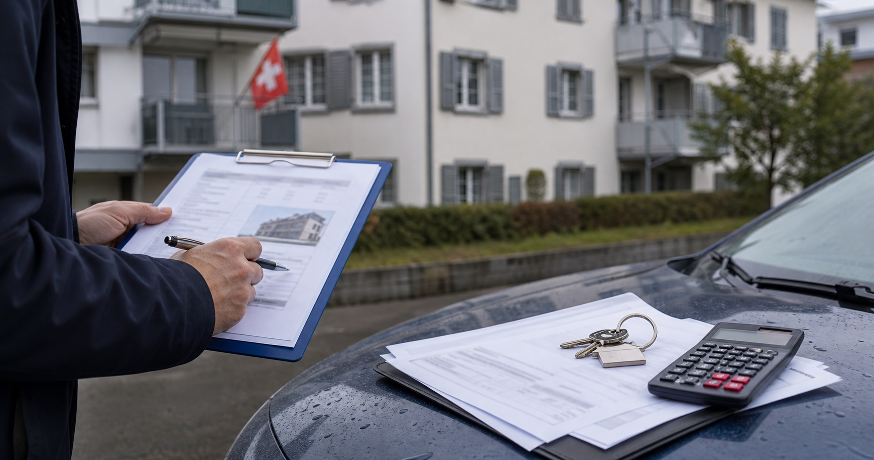 Estimation immobili&egrave;re devant un immeuble r&eacute;sidentiel suisse